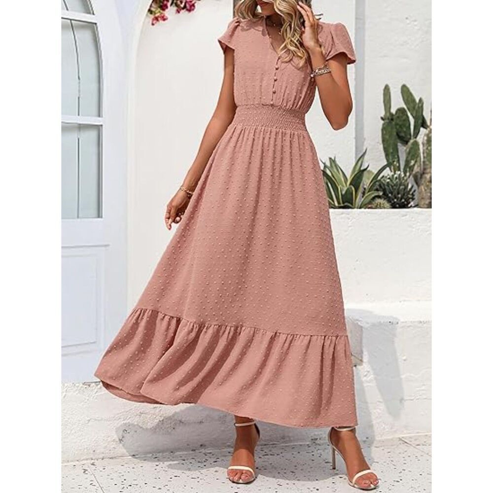 Women's Pink Polyester Blend  V Neck Short Sleeve A Line Casual Maxi Dress